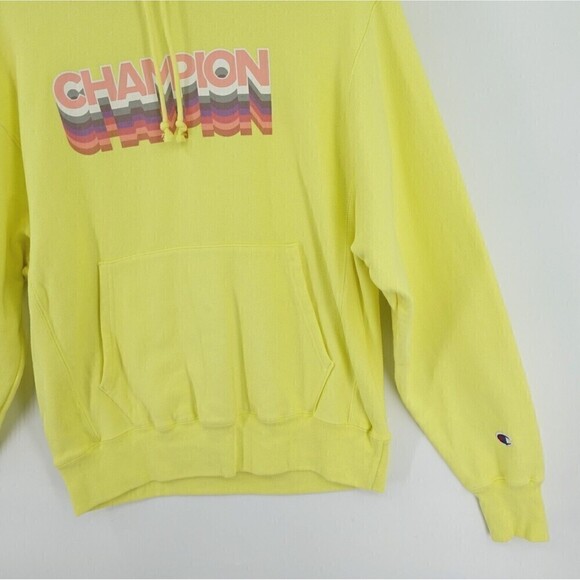 Champion Reverse Weave Hoodie Sweater Mens Medium Yellow Graphic Logo Cadmium - Picture 4 of 16